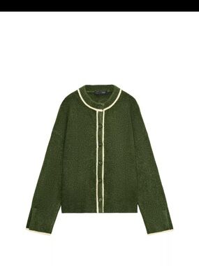 Zara Olive Green Cardigan with Cream Trim
